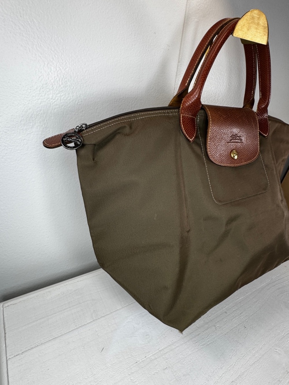 Longchamp Le Pliage Large Tote Olive Green Nylon Brown Leather Authentic - Picture 2 of 15